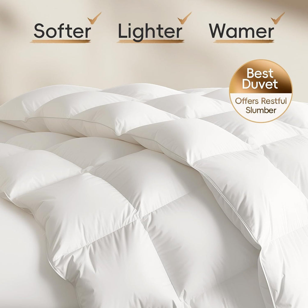 Luxury 1600 TC\u002F DM Blend Down Feather Fibers Comforter Oversized King, High Fluffy Medium Warmth All Season Duvet Insert, 8 Corner Tabs + High Fluffy 3D Baffle Box