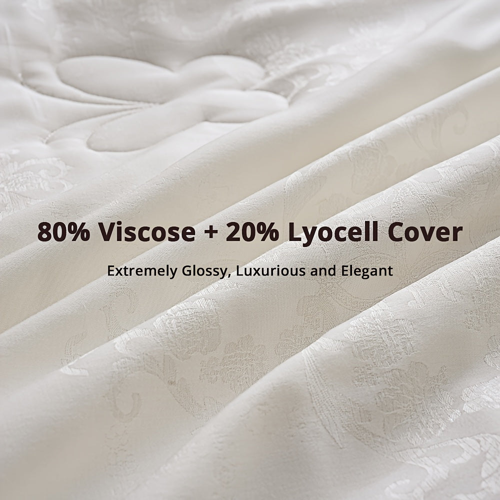 1pc Luxury Long Strand Mulberry Lyocell Comforter\u002FDuvet\u002FQuilt - Vintage Floral Design, 80% Viscose & 20% Lyocell Blend, All-Season Lightweight Warmth, Hand Wash Only, White